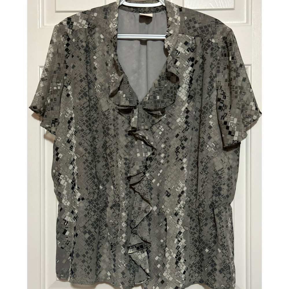 Covington Women's Gray Black White Ruffled Short Sleeve Lined Blouse No Size